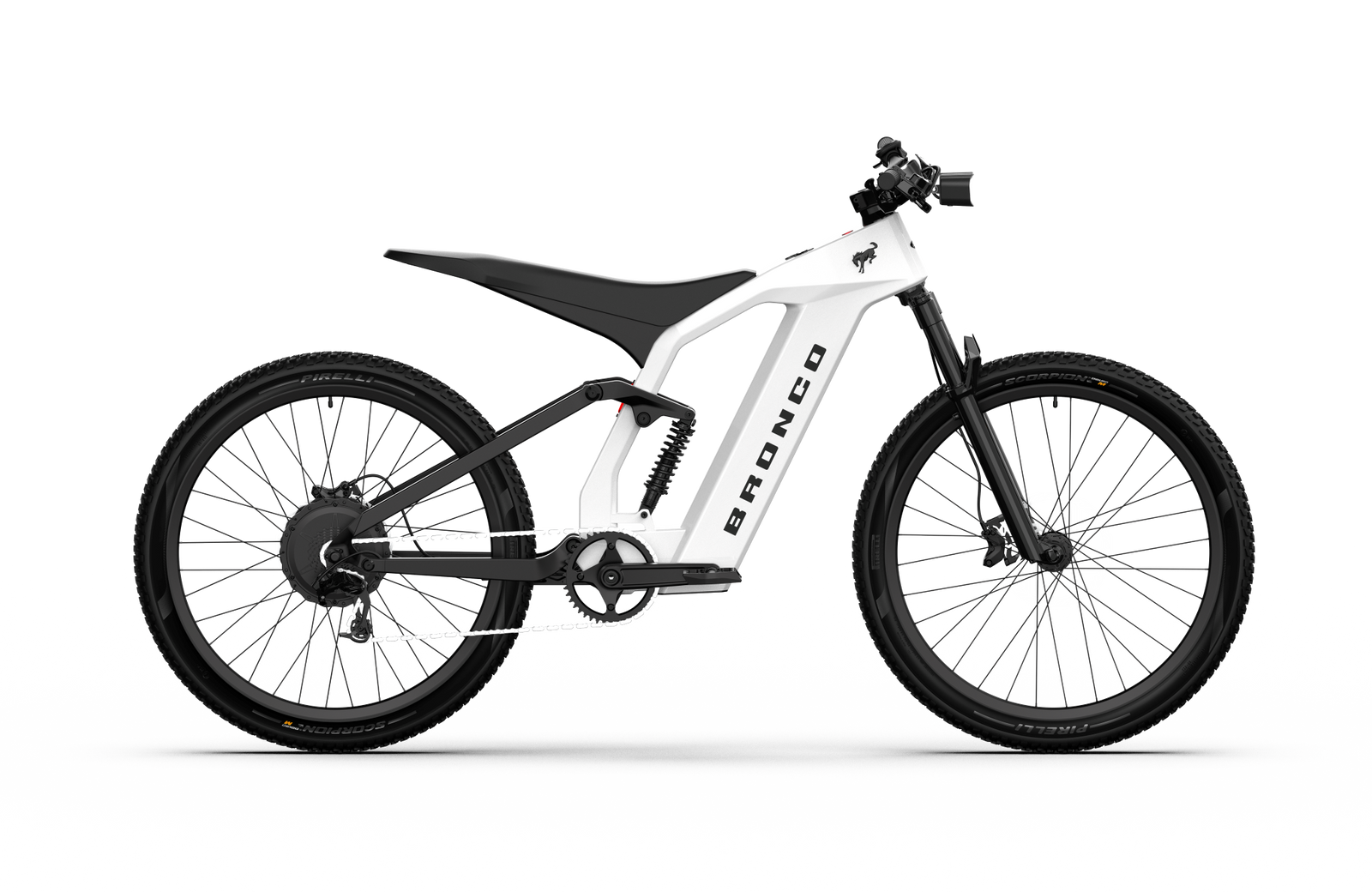 Non-driveside profile of the Ford Bronco electric dirt bike - Oxford White color