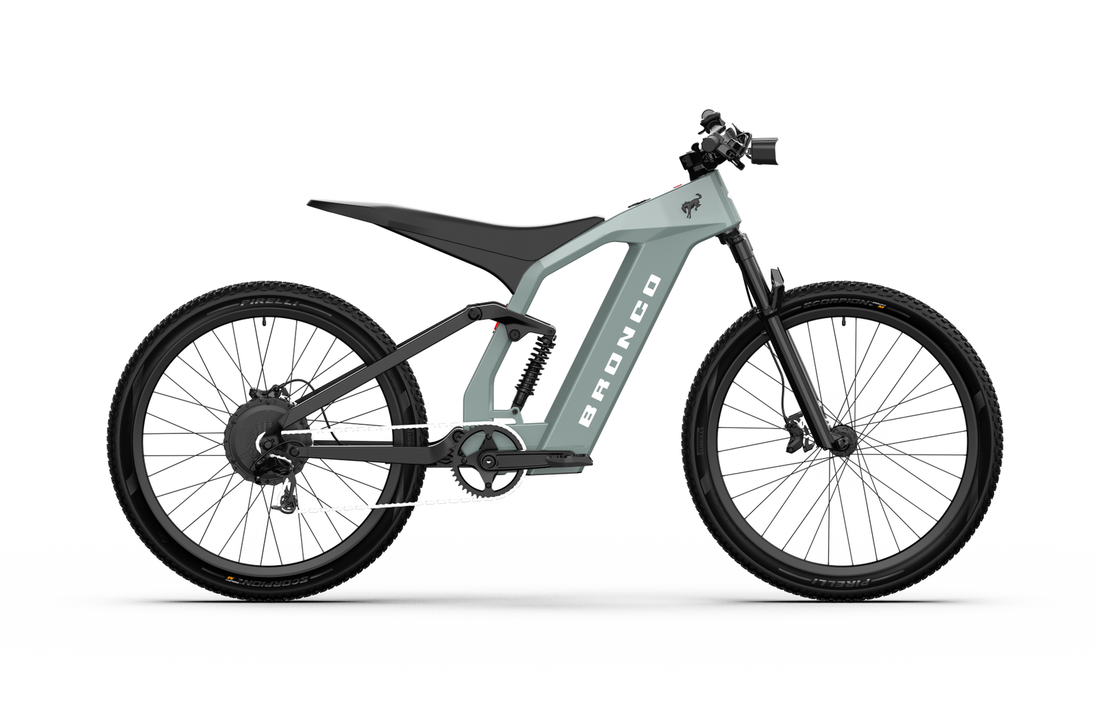 Non-driveside profile of the Ford Bronco electric dirt bike - Cactus Gray color