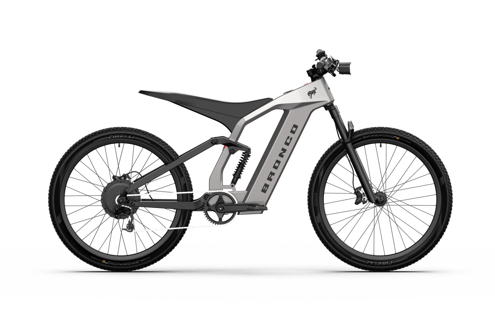 Non-driveside profile of the Ford Bronco electric dirt bike - Carbonized Gray Metallic color