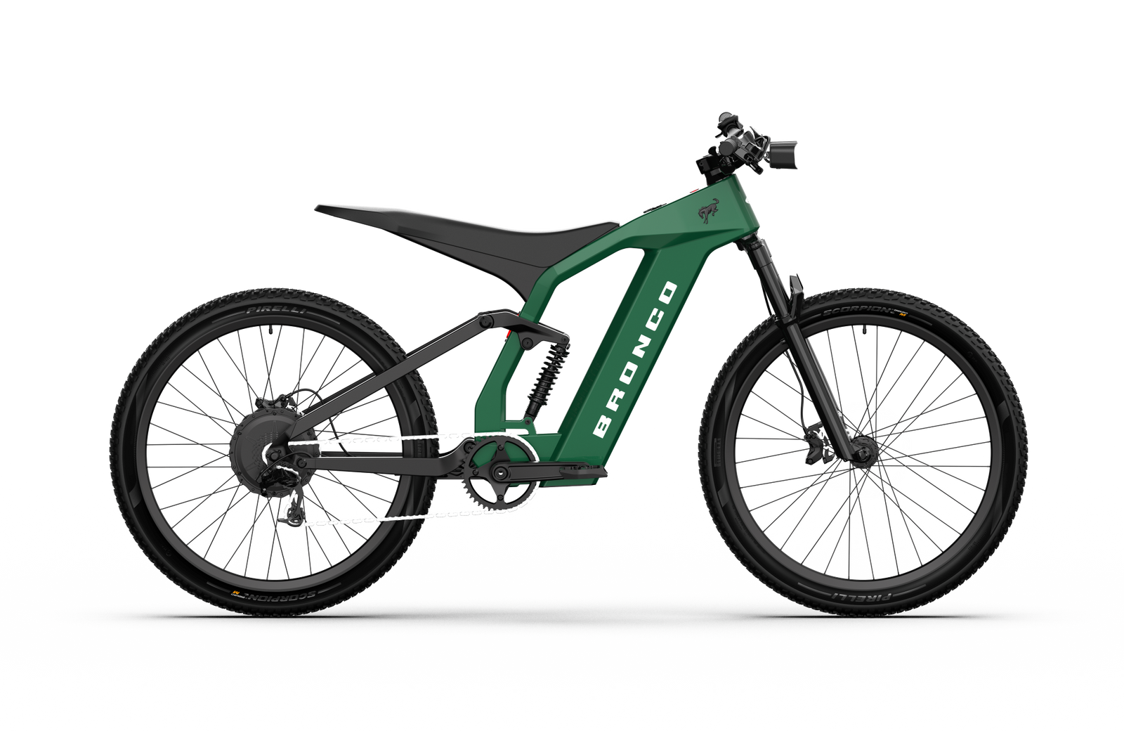 Non-driveside profile of the Ford Bronco electric dirt bike - Eruption Green Metallic color