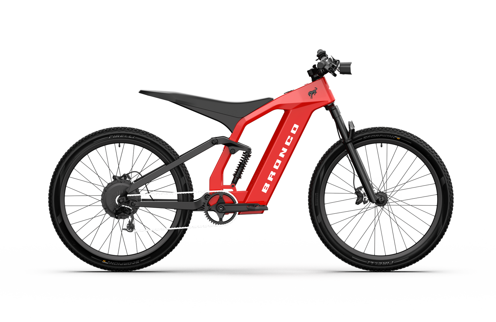 Non-driveside profile of the Ford Bronco electric dirt bike - Race Red color