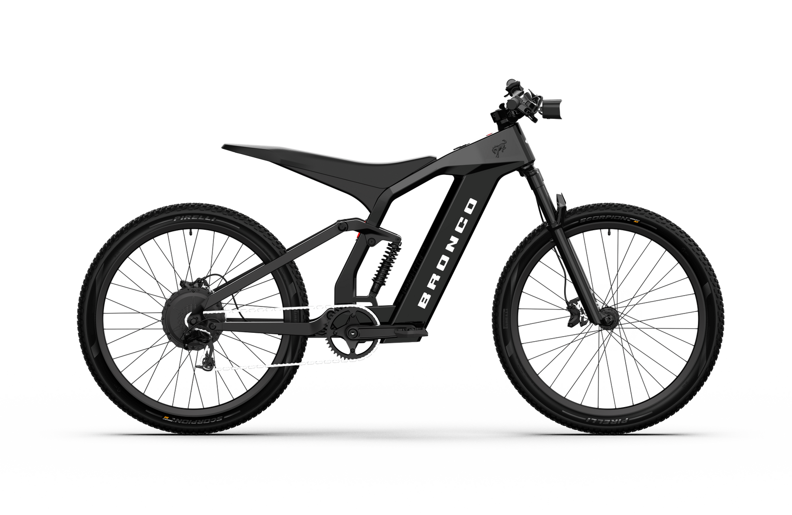 Non-driveside profile of the Ford Bronco electric dirt bike - Shadow Black color