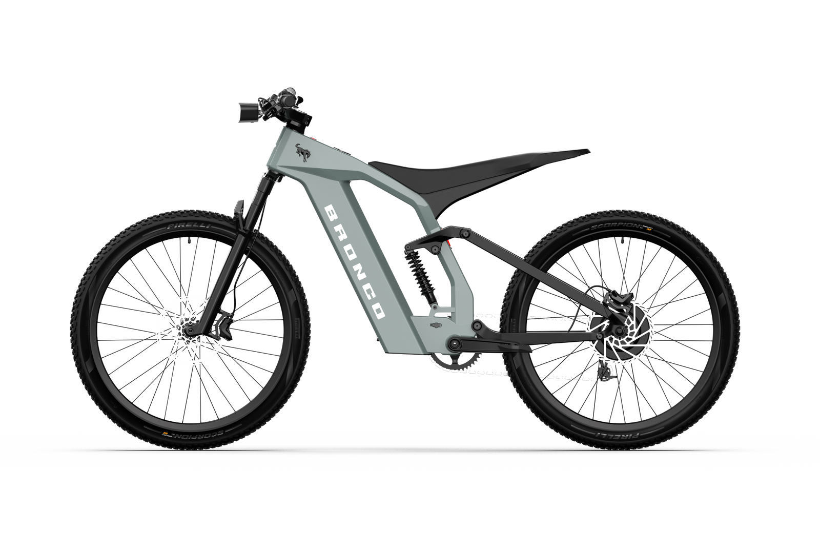 Non-driveside profile of the Ford Bronco electric dirt bike - Cactus Gray color