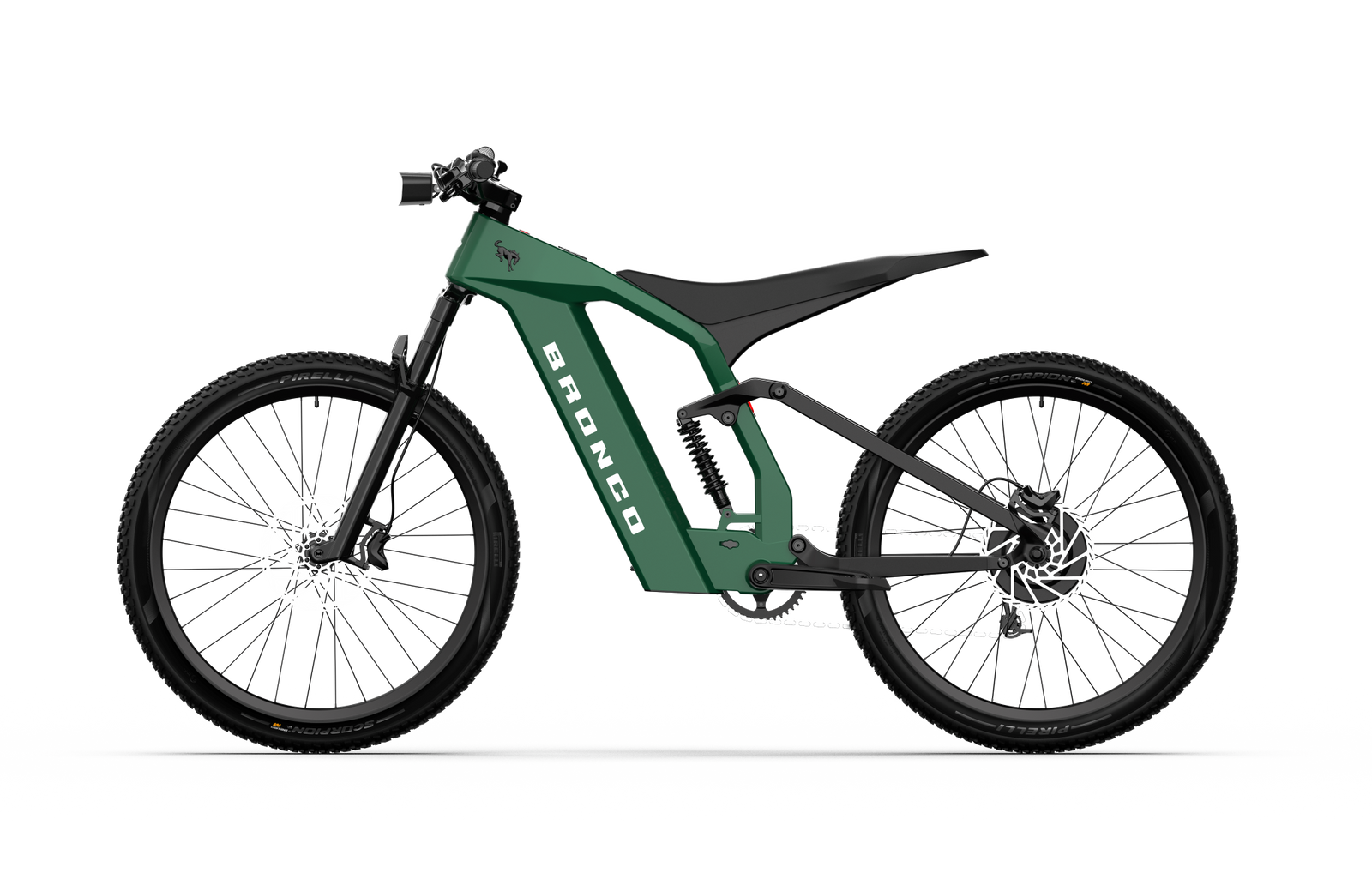 Non-driveside profile of the Ford Bronco electric dirt bike - Eruption Green Metallic color