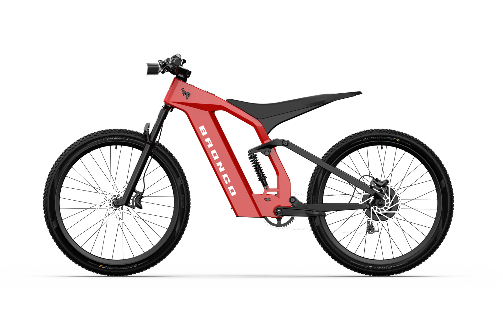 Non-driveside profile of the Ford Bronco electric dirt bike - Race Red color
