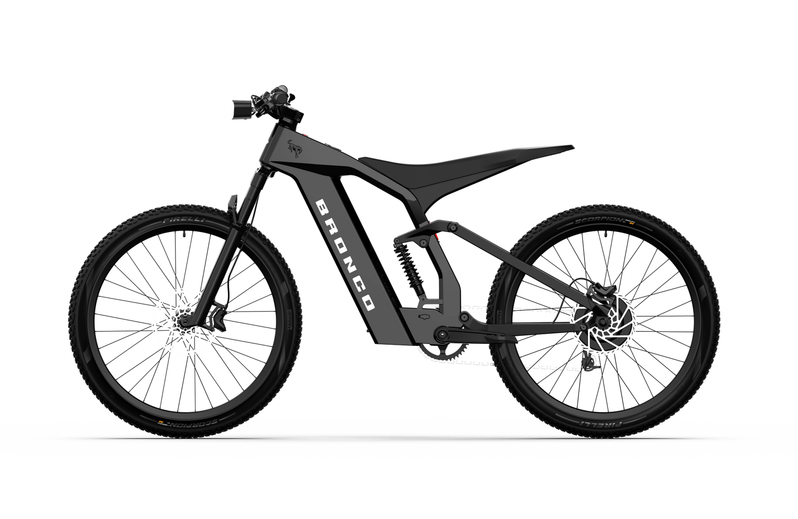 Non-driveside profile of the Ford Bronco electric dirt bike - Shadow Black color