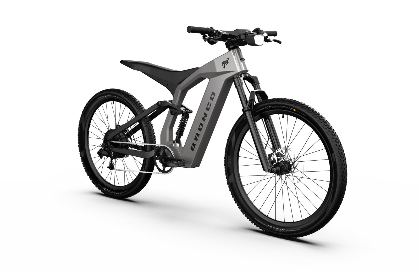 Non-driveside profile of the Ford Bronco electric dirt bike - Carbonized Gray Metallic color