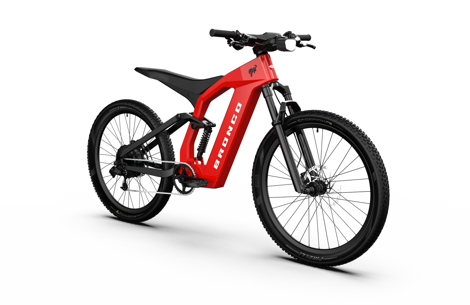 Non-driveside profile of the Ford Bronco electric dirt bike - Race Red color