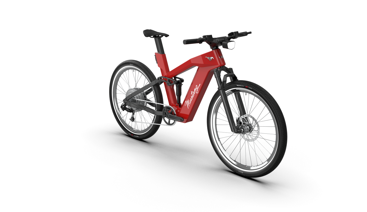 Ford Mustang eBike 60th Anniversary Edition front profile, including the suspension fork and integrated front light.